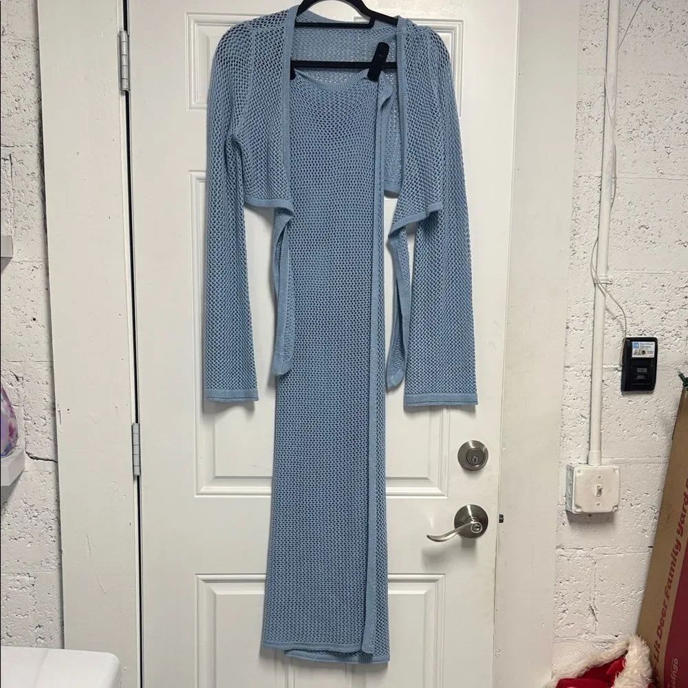 Blue Knit Skirt Cover Up and Cardigan Crop Set BRAND NEW - Size Small